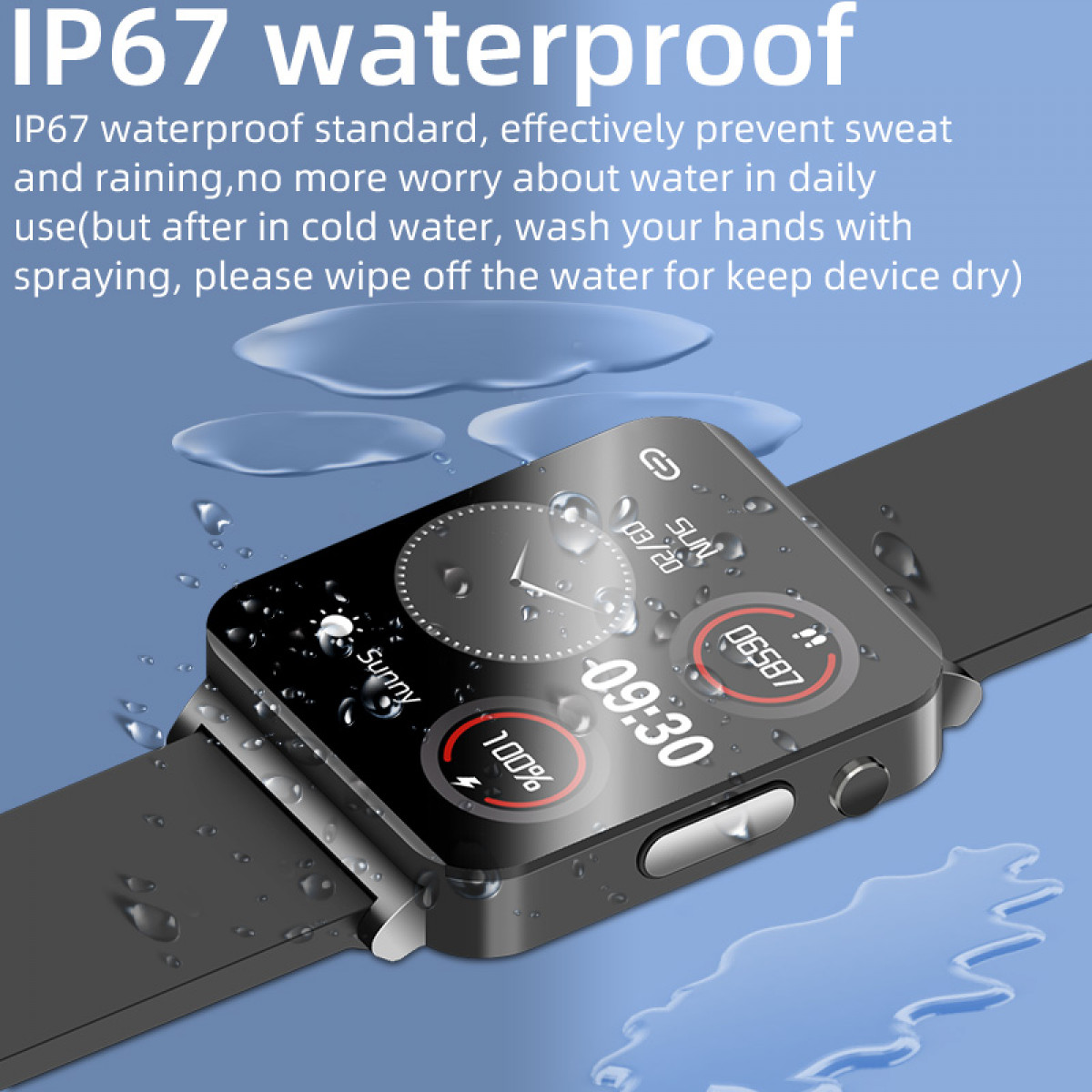 Black smartwatch on a blue background with water droplets. The screen displays time and other data.