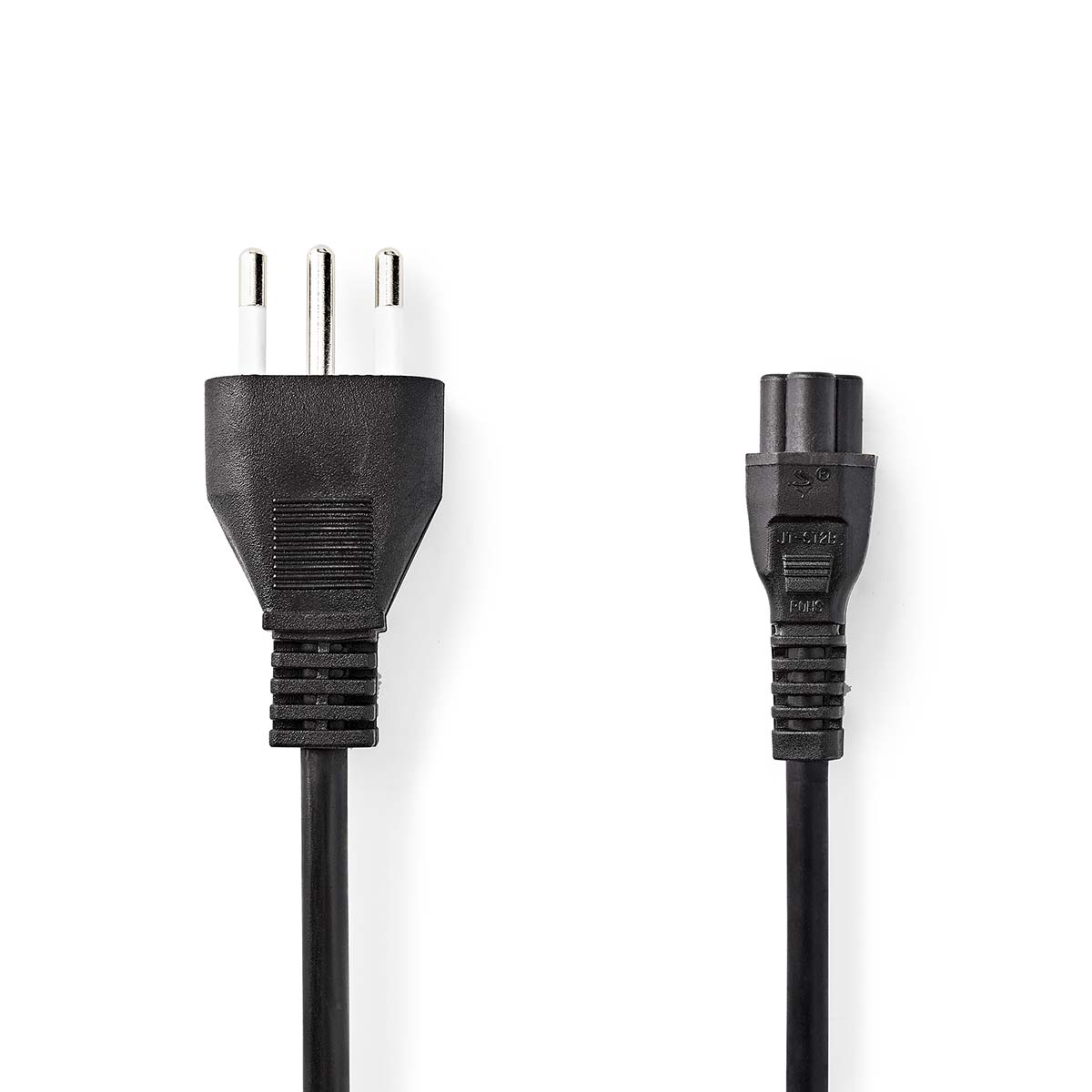 Two black power cords with different connector ends, against a white background.