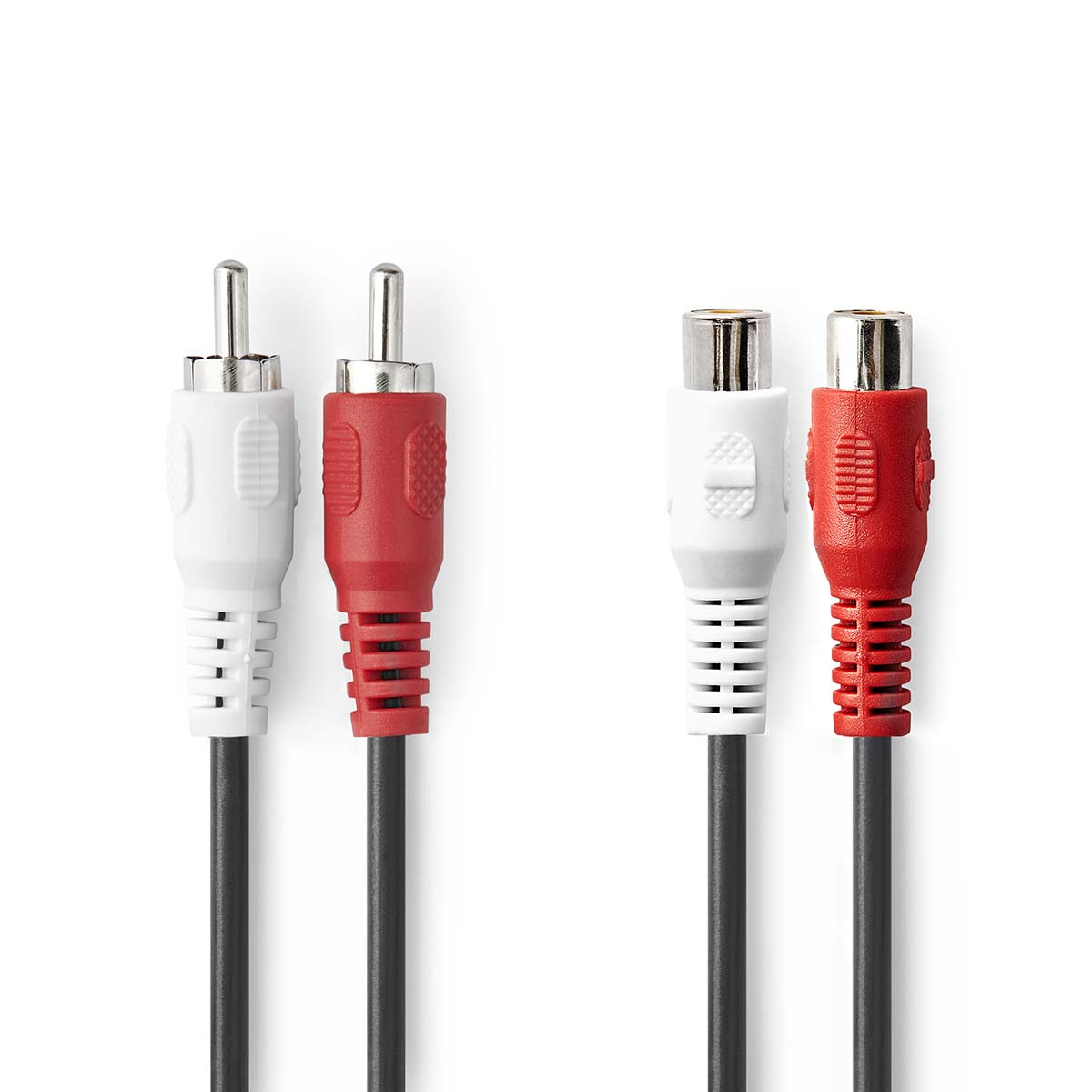 Twee sets rode en witte RCA-kabels, gebruikt voor audio- en videoaansluitingen.