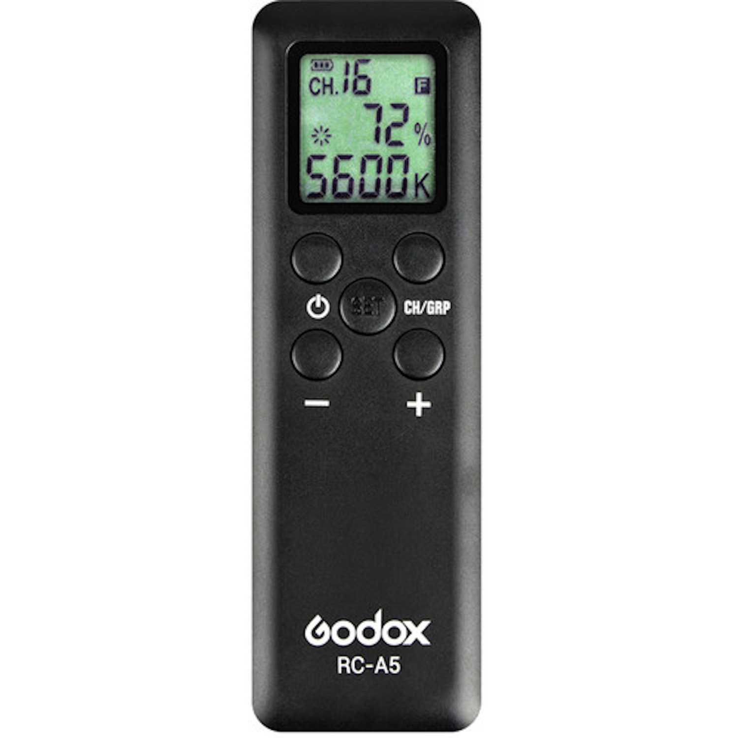 Schwarze Fernbedienung mit Bildschirm, Tasten und dem Wort 'Godox'.