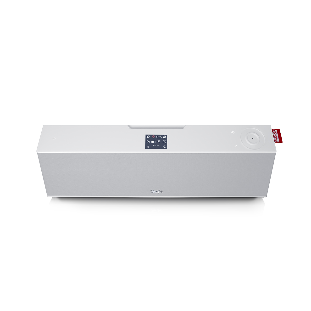 White soundbar with a display and buttons. Black Teufel logo. White background.