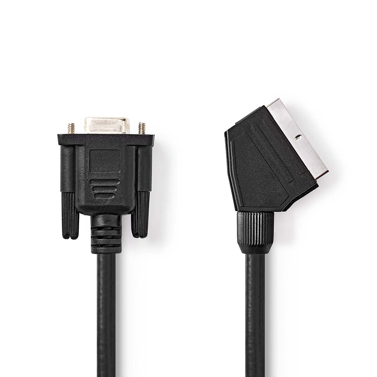 Czarny kabel ze złączem VGA i złączem SCART na białym tle.
