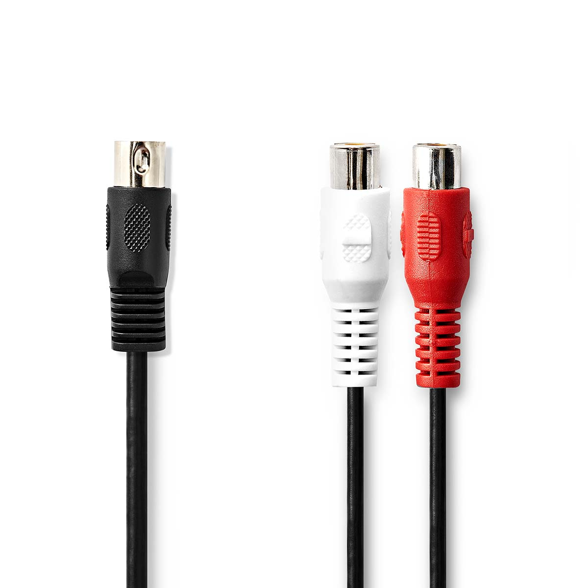 Drei Audiokabel mit verschiedenen Steckern: schwarz, weiß und rot.
