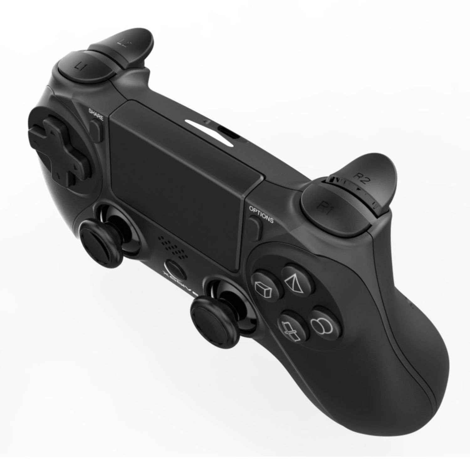 Ein schwarzer Gamecontroller. Er hat Knöpfe, Joysticks und Beschriftungen wie "SHARE" und "OPTIONS".