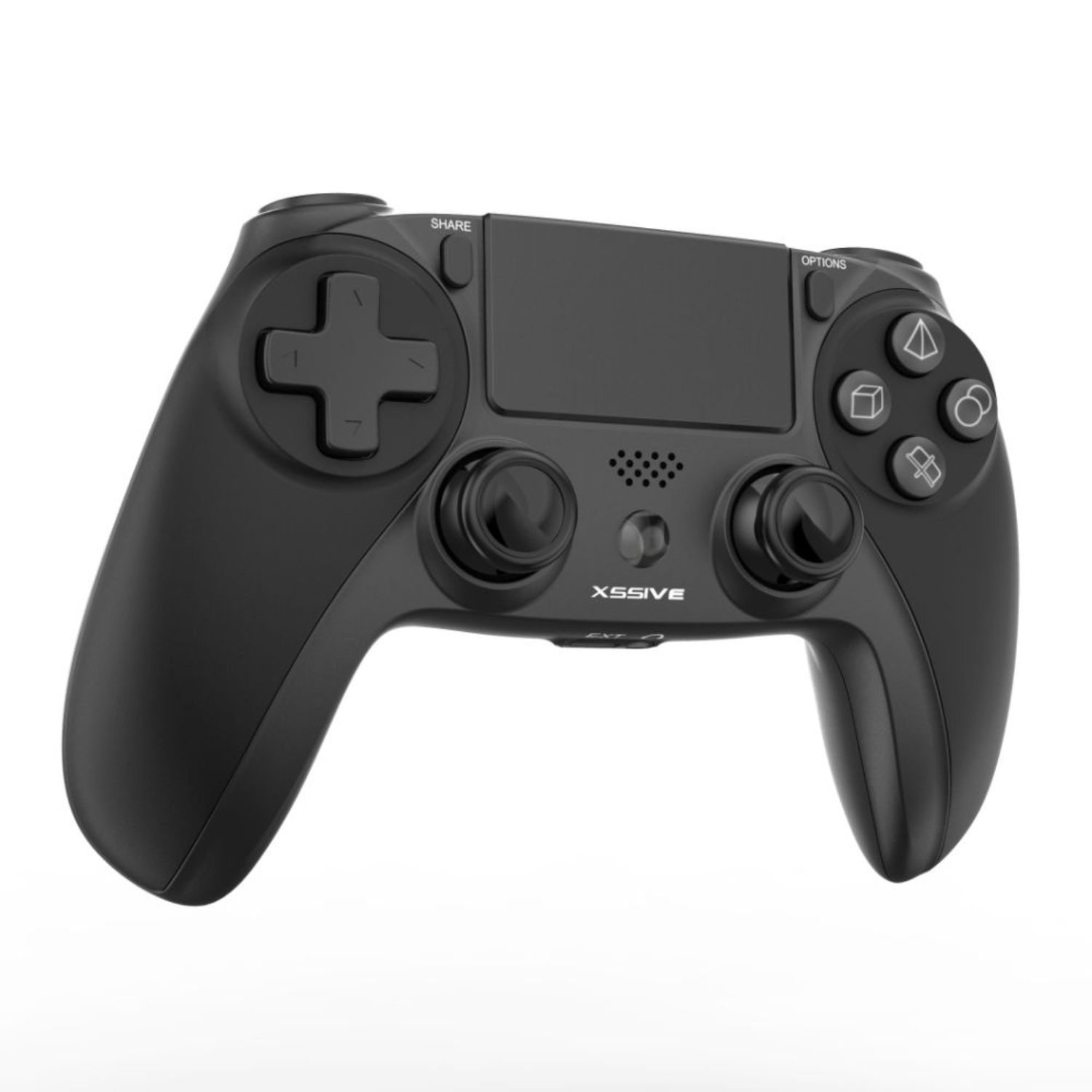 Schwarzer Gamecontroller mit Tasten: Teilen, Optionen, D-Pad und Analog-Sticks. 'XSSIVE'-Etikett sichtbar.
