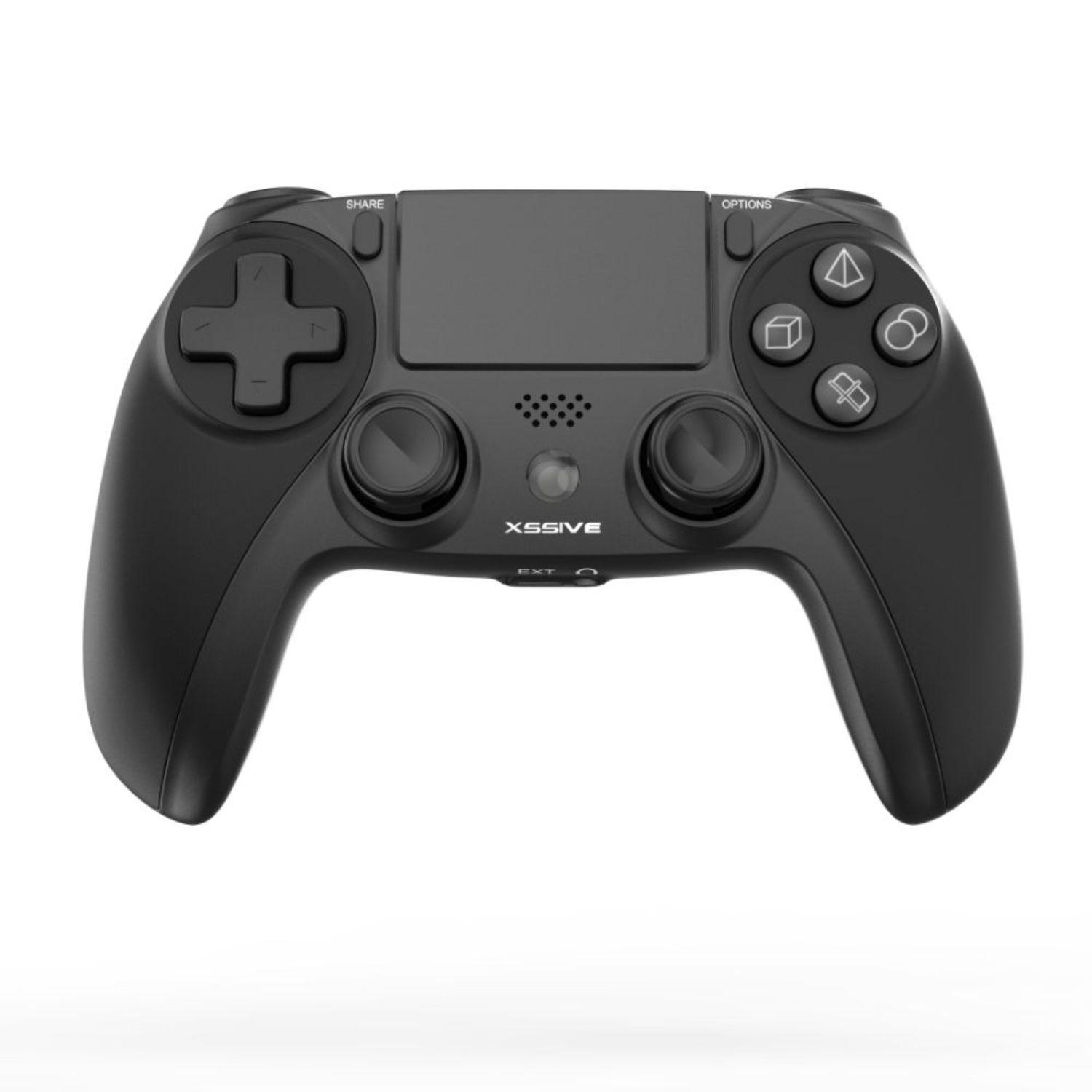 Schwarzer Gamecontroller mit Teilen-, Options- und Aktionstasten, Draufsicht.