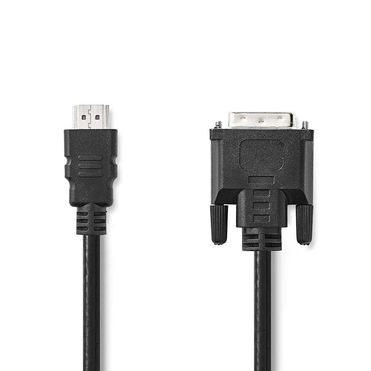 Zwarte HDMI-kabel en een zwarte DVI-kabel.