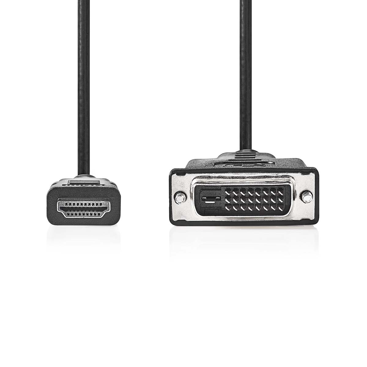 Zwarte HDMI- en DVI-connectoren op kabels, geïsoleerd op een witte achtergrond. De connectoren zijn scherp.