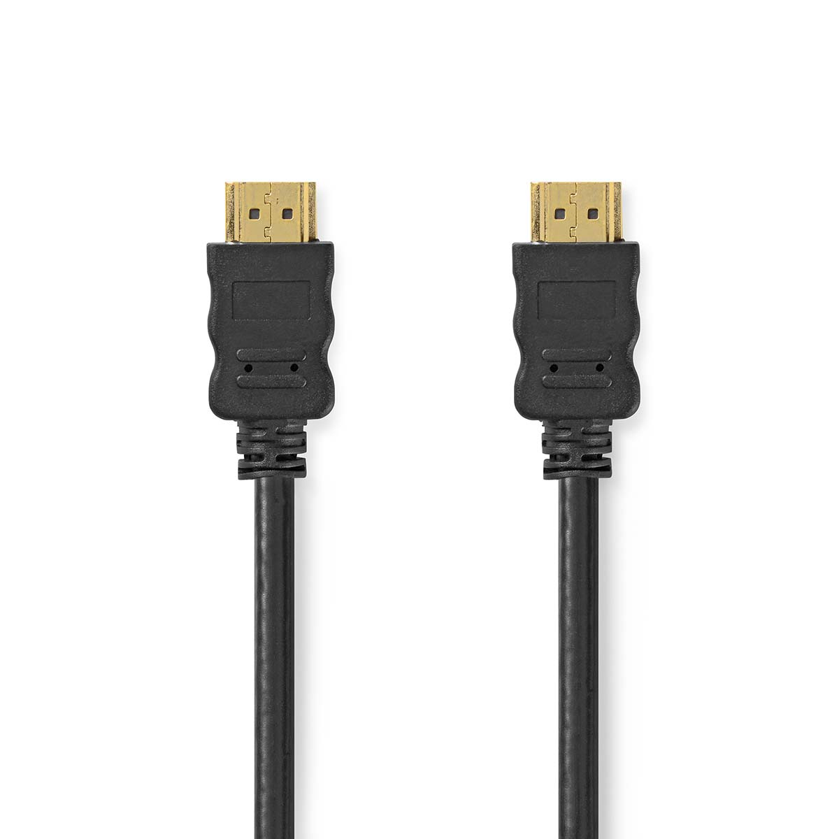 Deux câbles HDMI noirs avec des connecteurs dorés. Fond blanc.