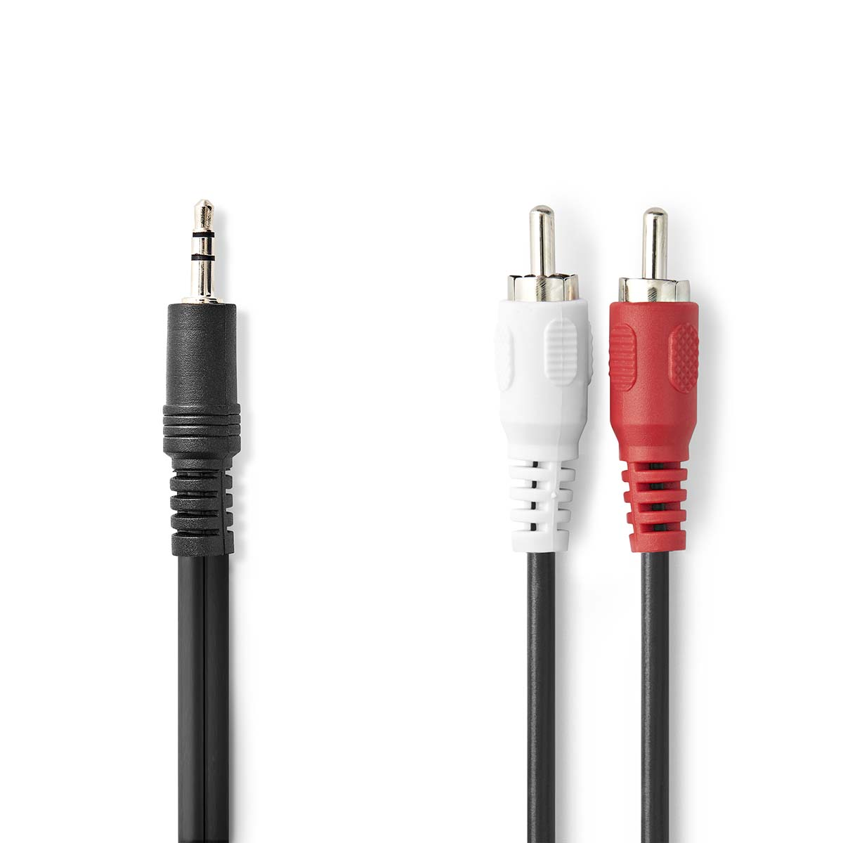 Audiokabels. Een zwarte 3,5 mm jack en twee RCA-connectoren: wit en rood.