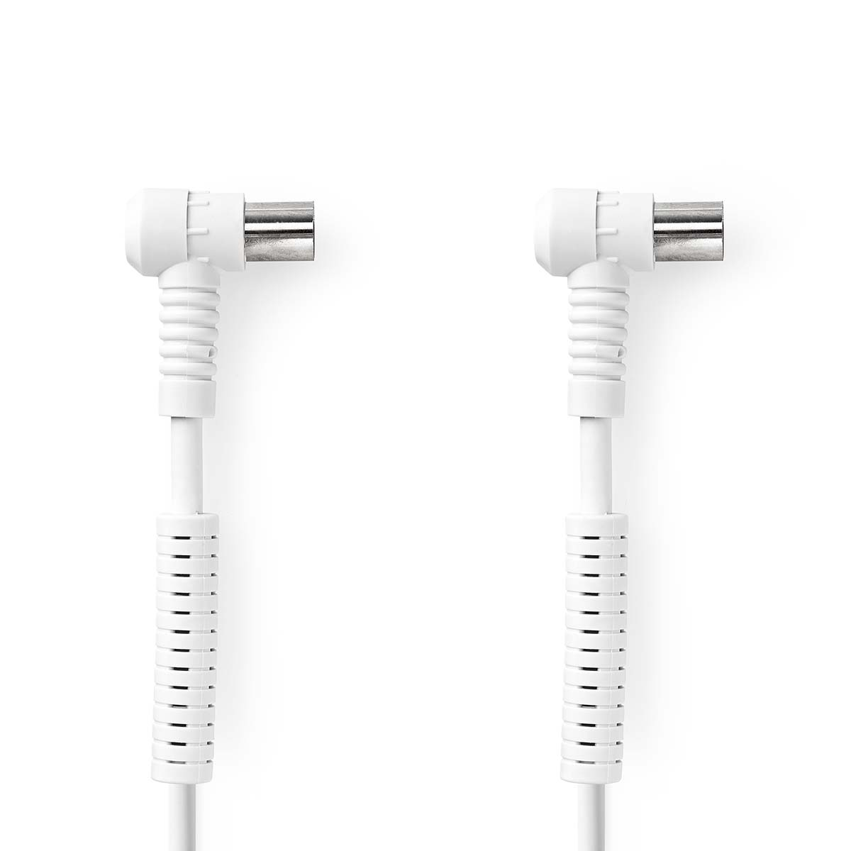 Dwa białe kable koncentryczne z kątowymi złączami na białym tle.
