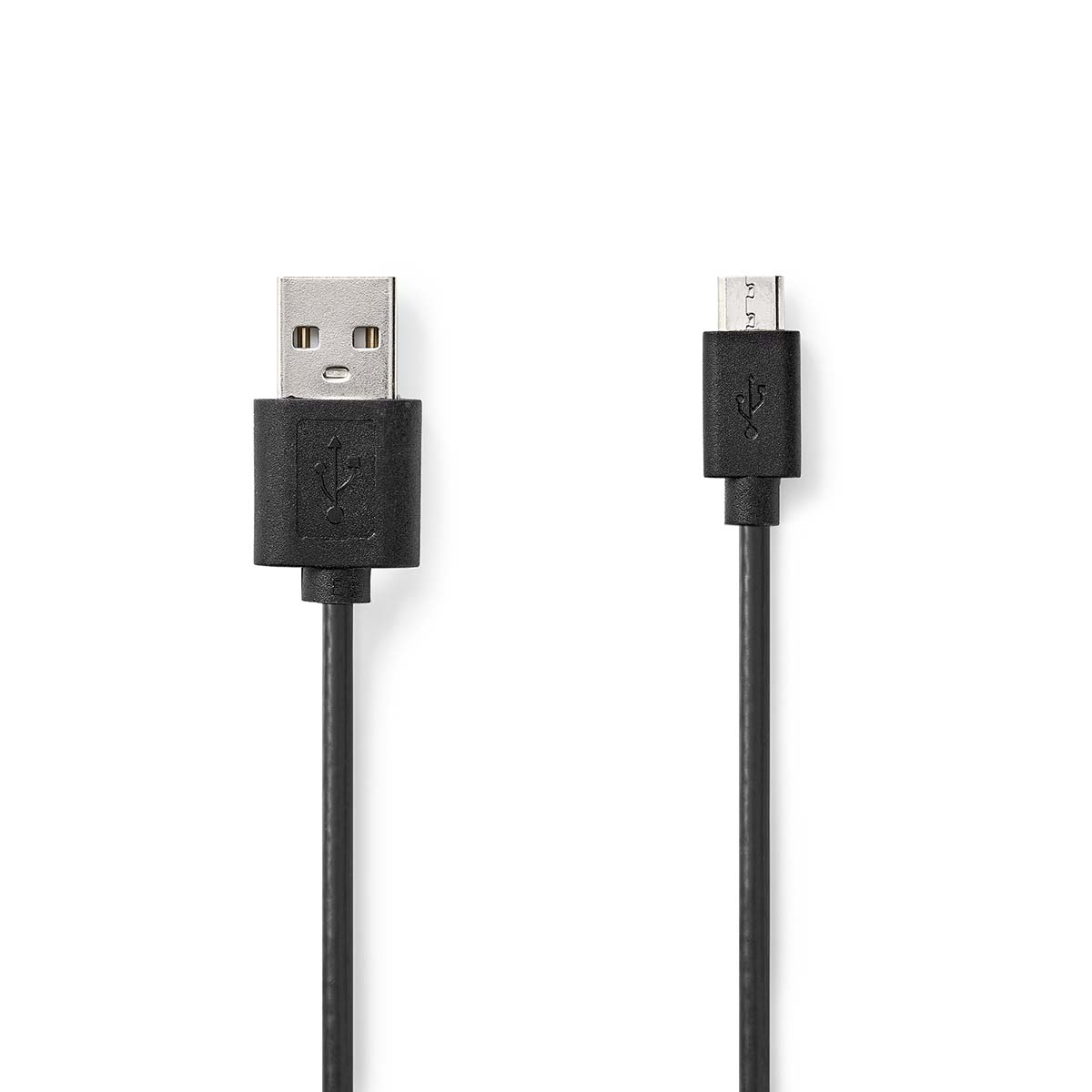 Schwarzes USB-zu-Micro-USB-Kabel, mit Anschlüssen an beiden Enden.