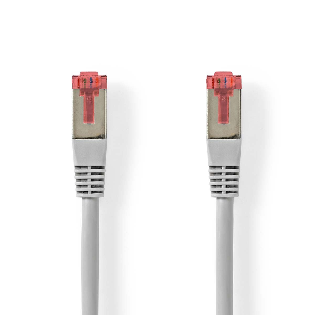Zwei graue Netzwerkkabel mit roten Steckern.