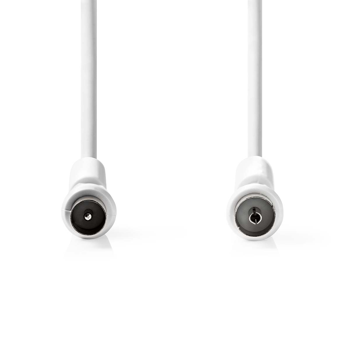 Two white coaxial cables with connectors, against a white background.