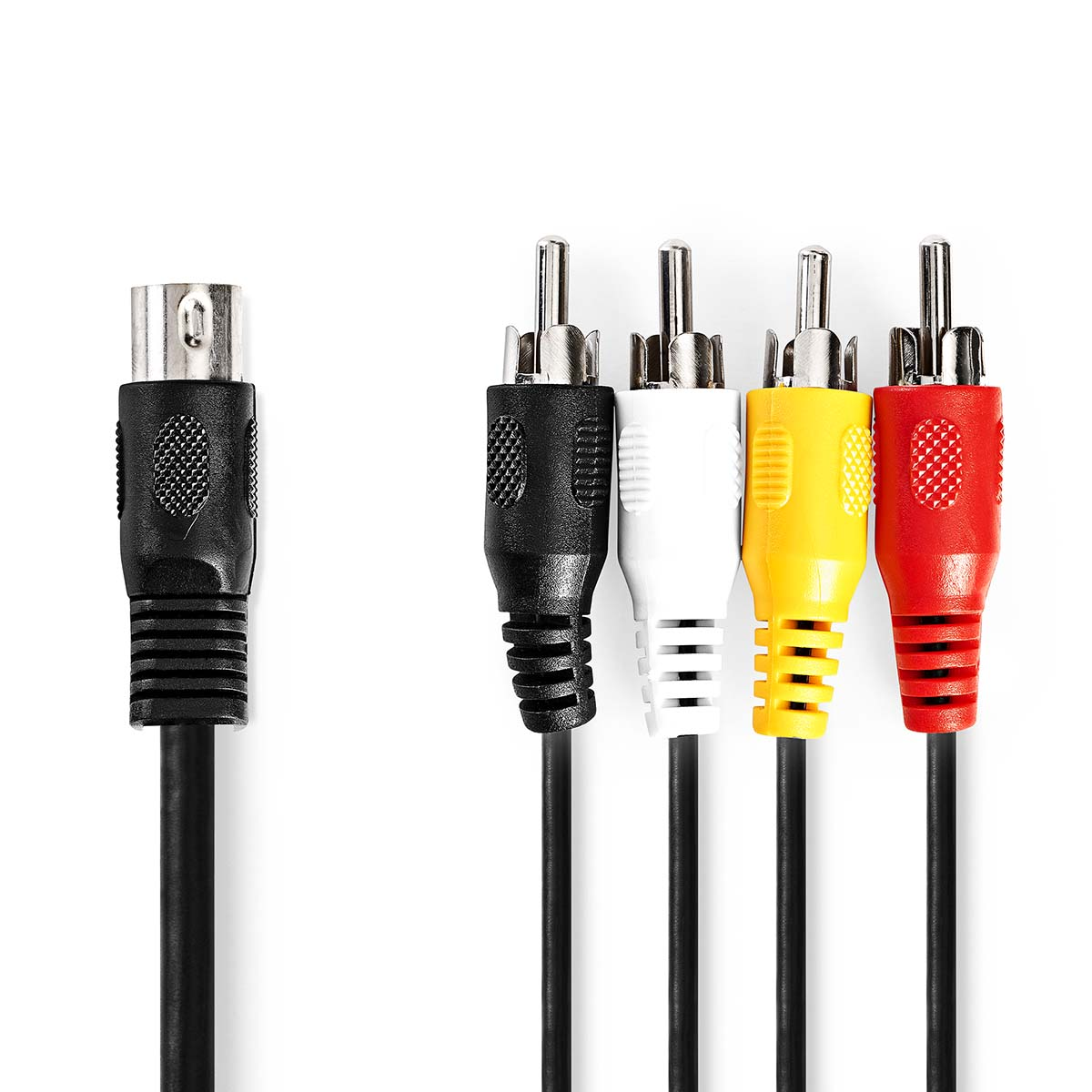 Schwarzes S-Video-Kabel und vier Cinch-Kabel (schwarz, weiß, gelb, rot) auf weißem Hintergrund.