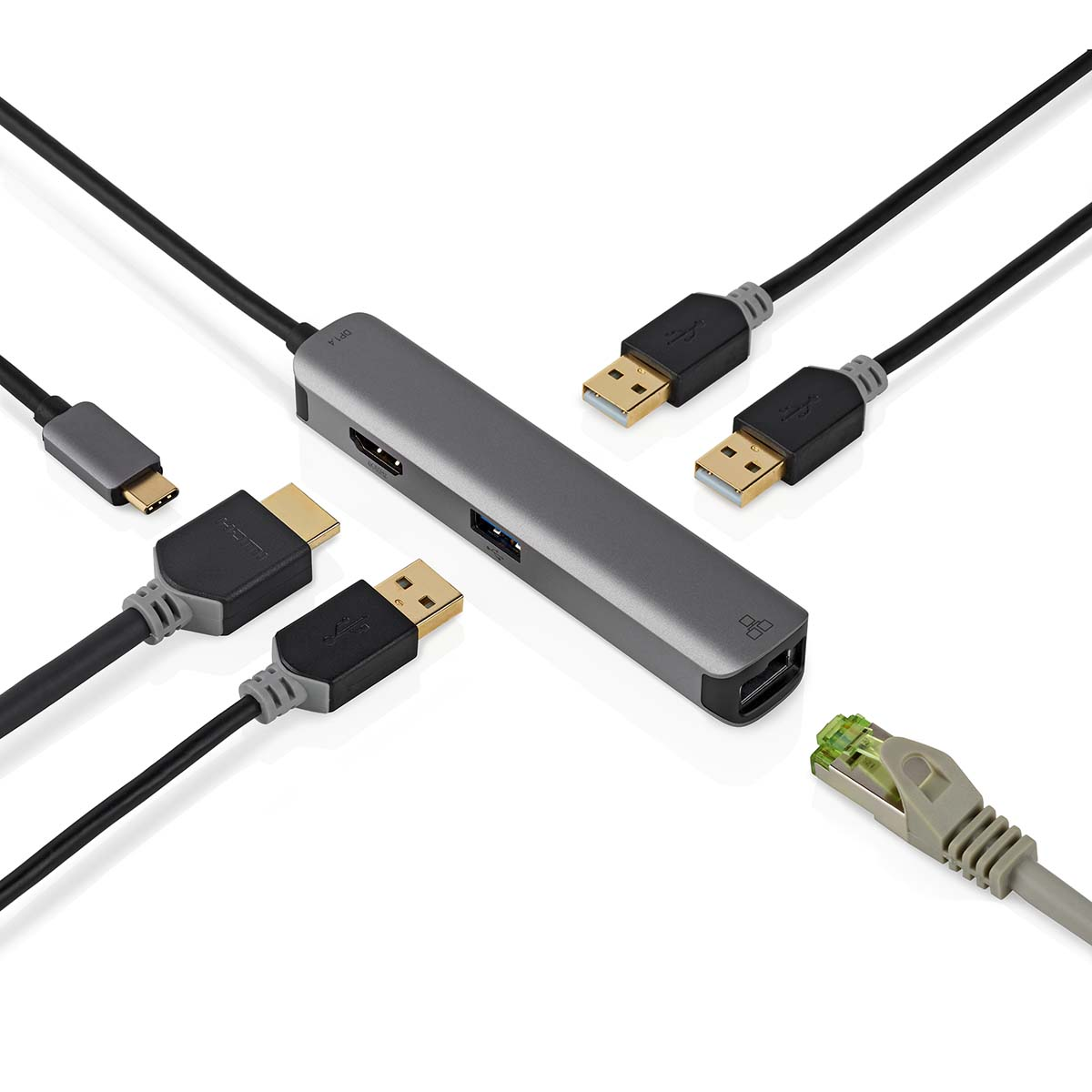 Een grijze hub met diverse kabels aangesloten: USB, HDMI en Ethernet.