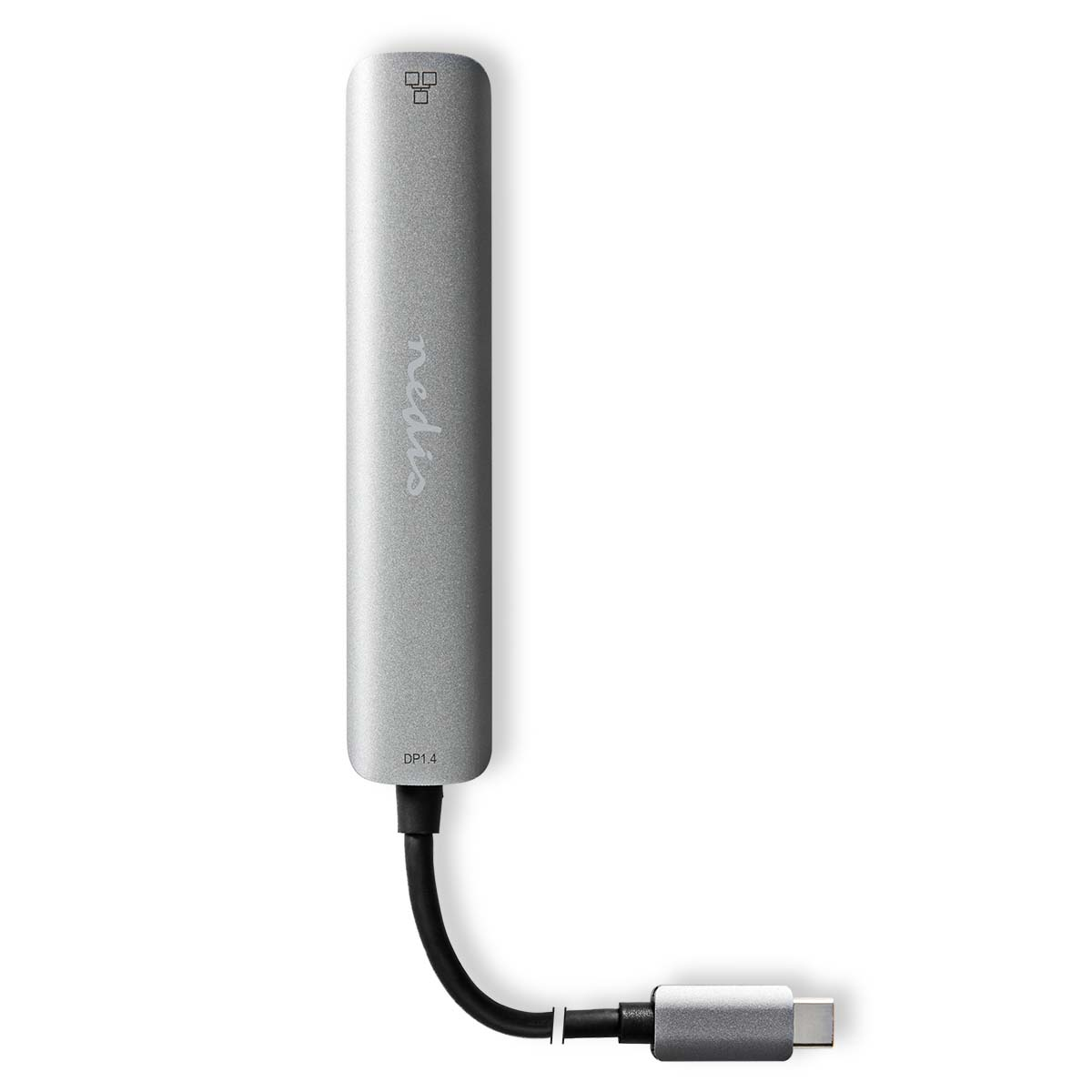 Zilveren USB-C naar DP 1.4 adapter met zwarte kabel, geïsoleerd op witte achtergrond.
