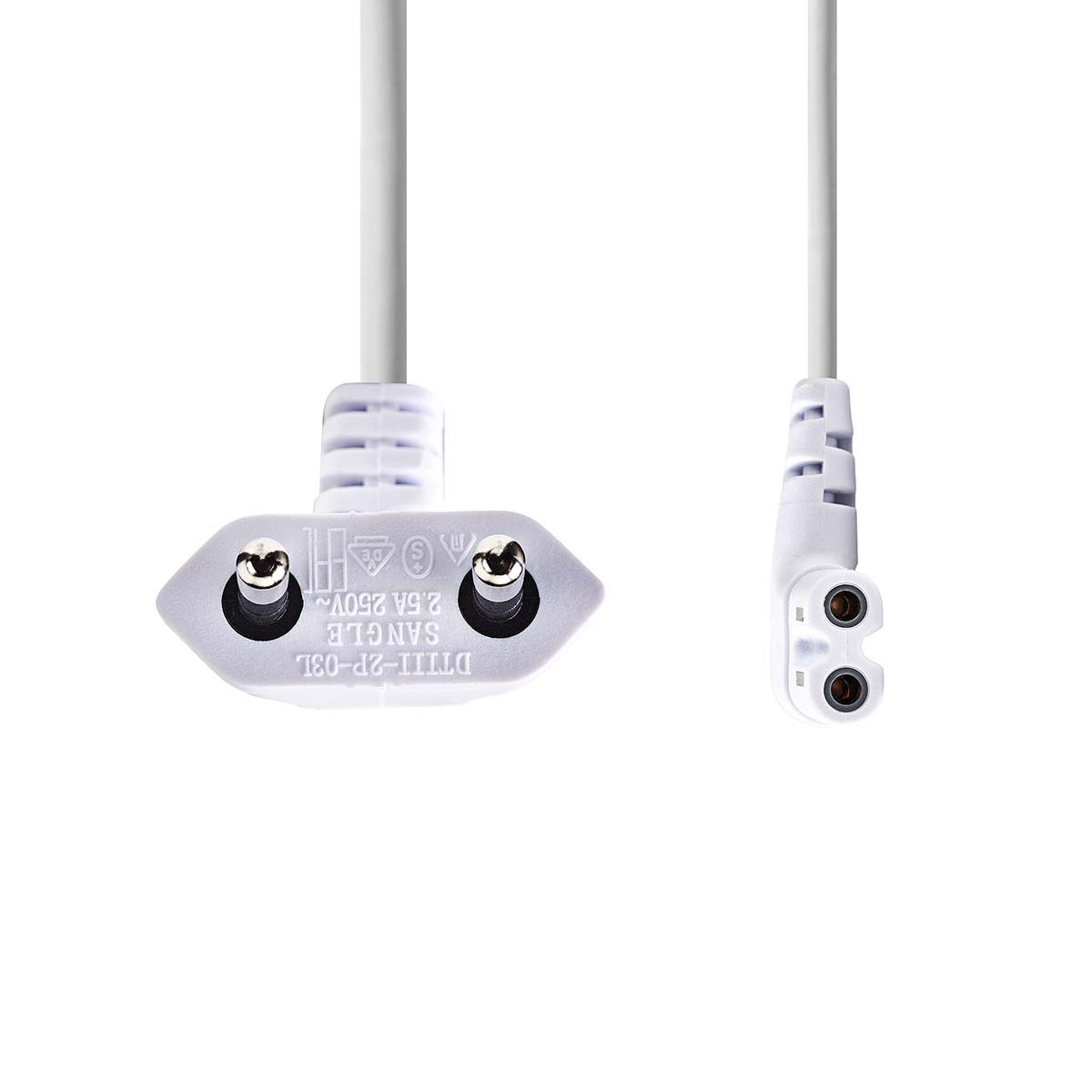 Twee-polige voedingskabel met een witte behuizing en een C7 connector op een witte achtergrond.
