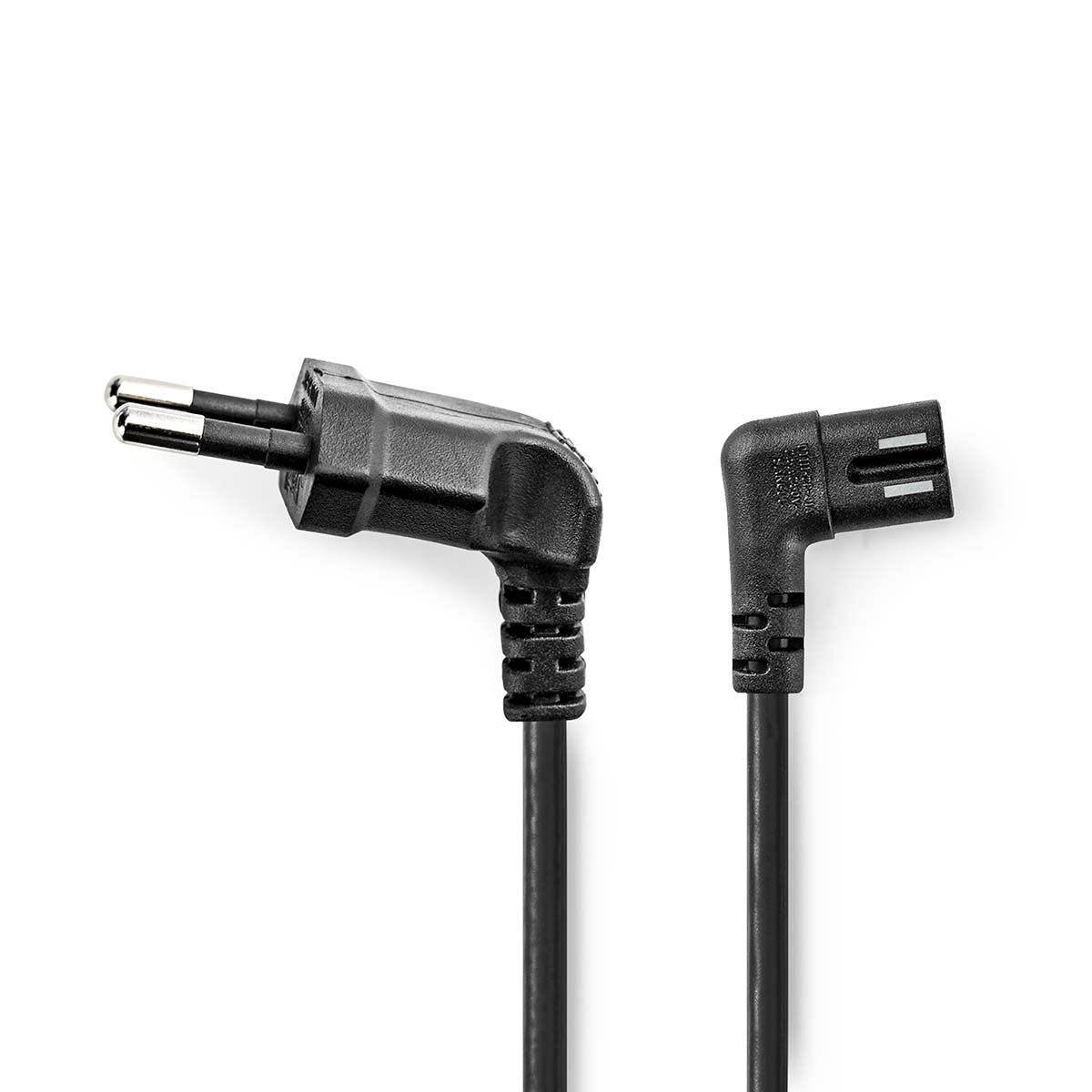 Zwart netsnoer met twee verschillende schuine connectoren op een witte achtergrond.