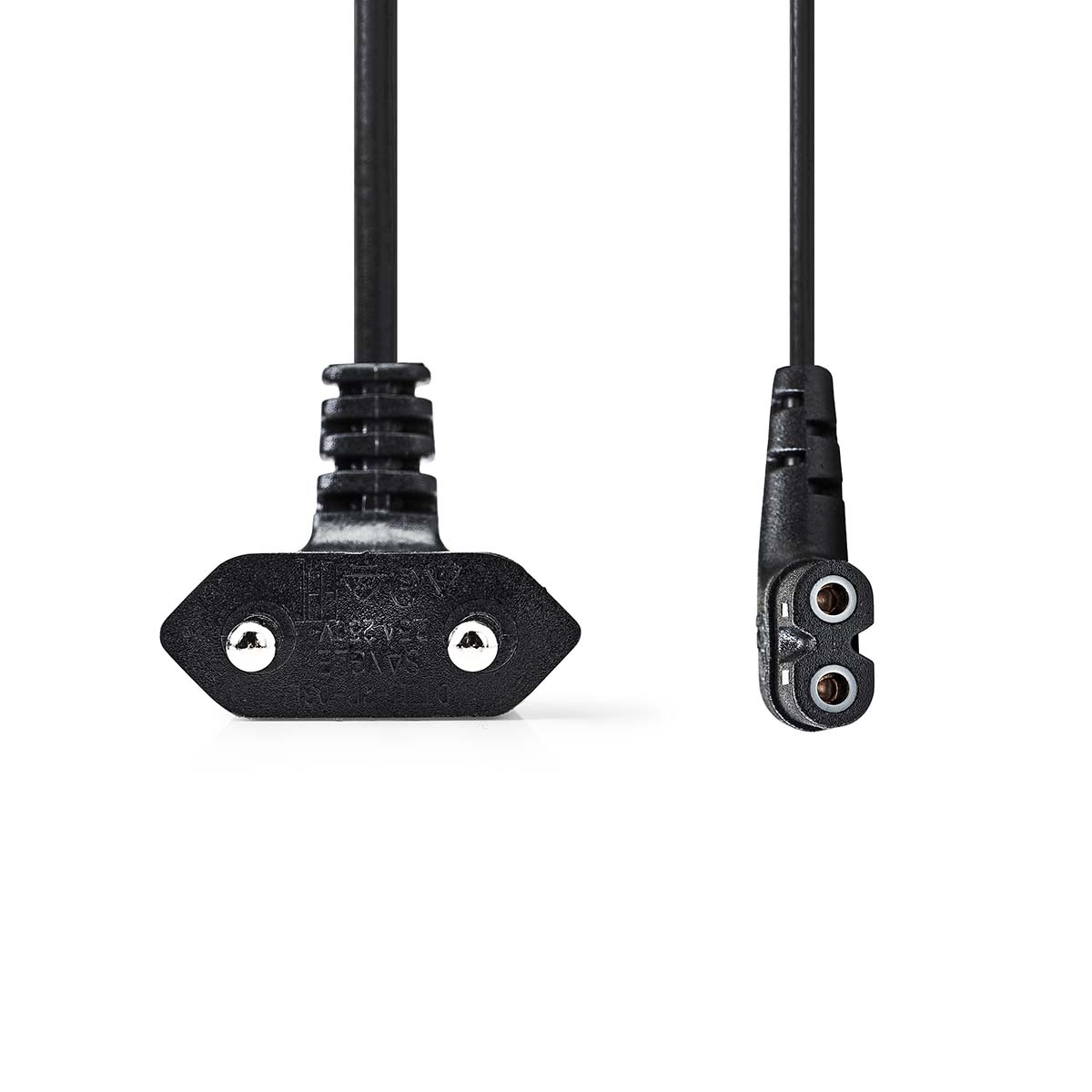 Twee zwarte kabels met een tweepolige stekker en een tweepolige connector.