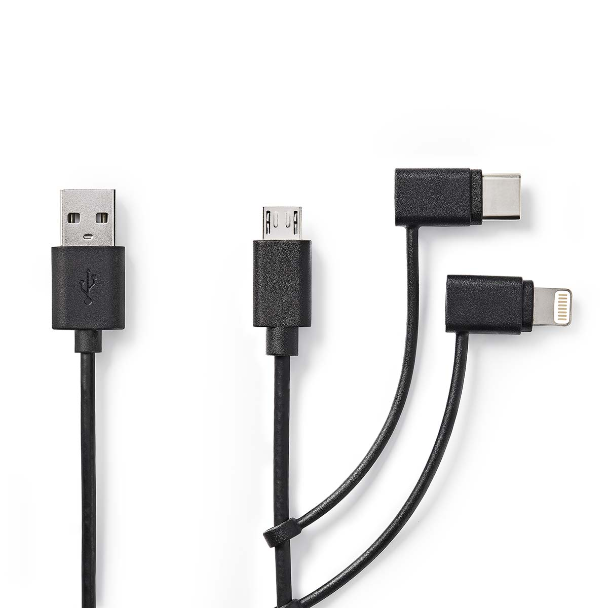 Mehrere Ladekabel mit verschiedenen Anschlüssen: USB, Micro-USB und Lightning/Typ-C.