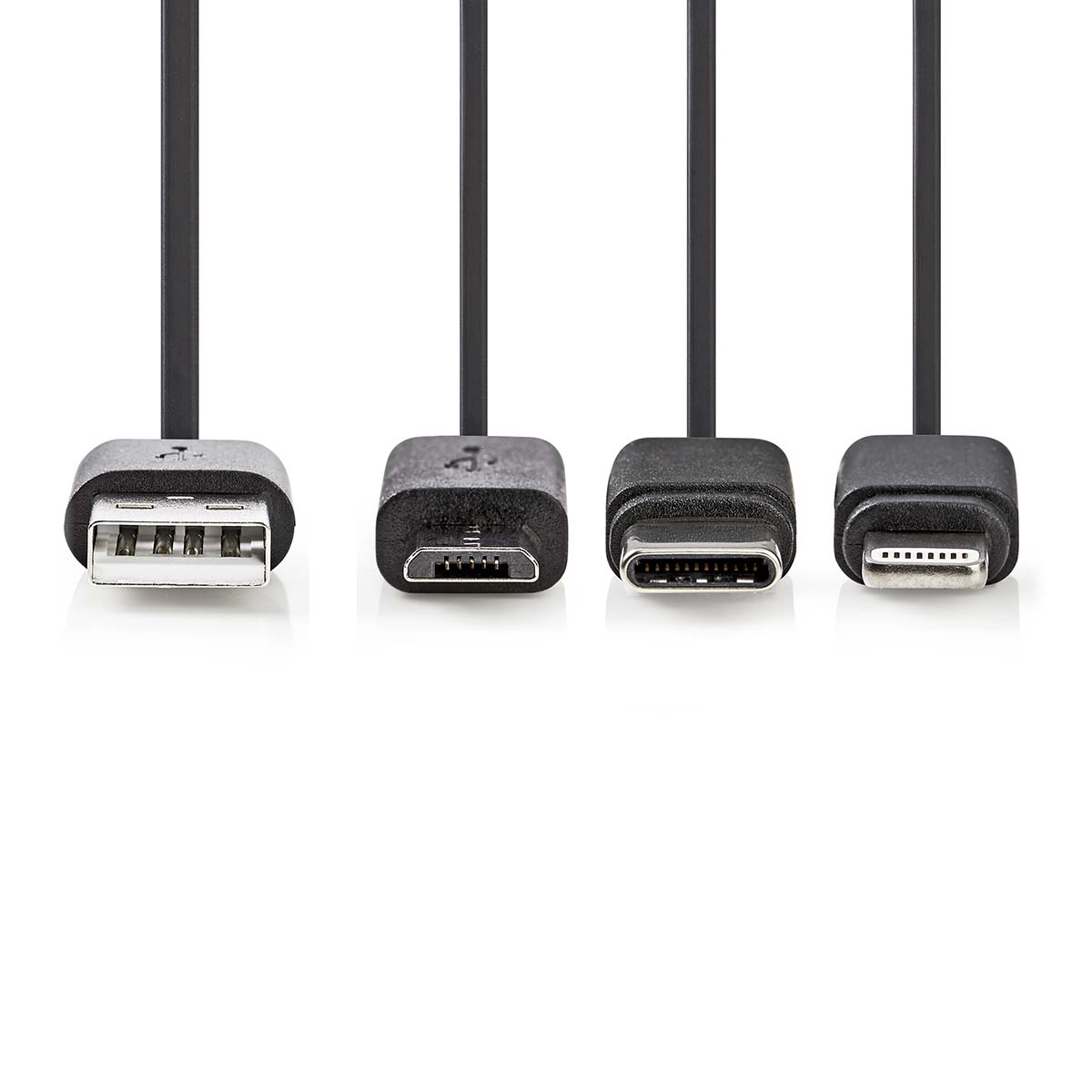 Vier schwarze USB-Kabel mit verschiedenen Anschlüssen: USB-A, Micro-USB, USB-C und Lightning.