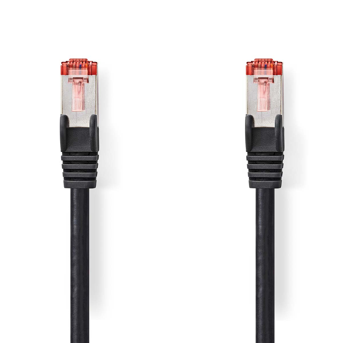 Due cavi ethernet neri con connettori rossi, isolati su sfondo bianco.