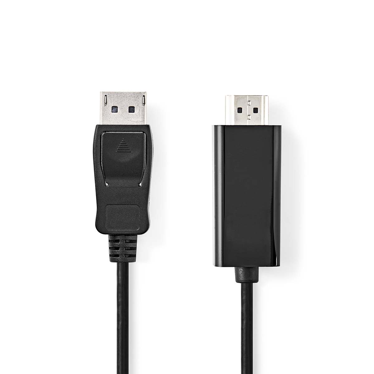 Twee zwarte DisplayPort-kabels met connectoren, naast elkaar op witte achtergrond.