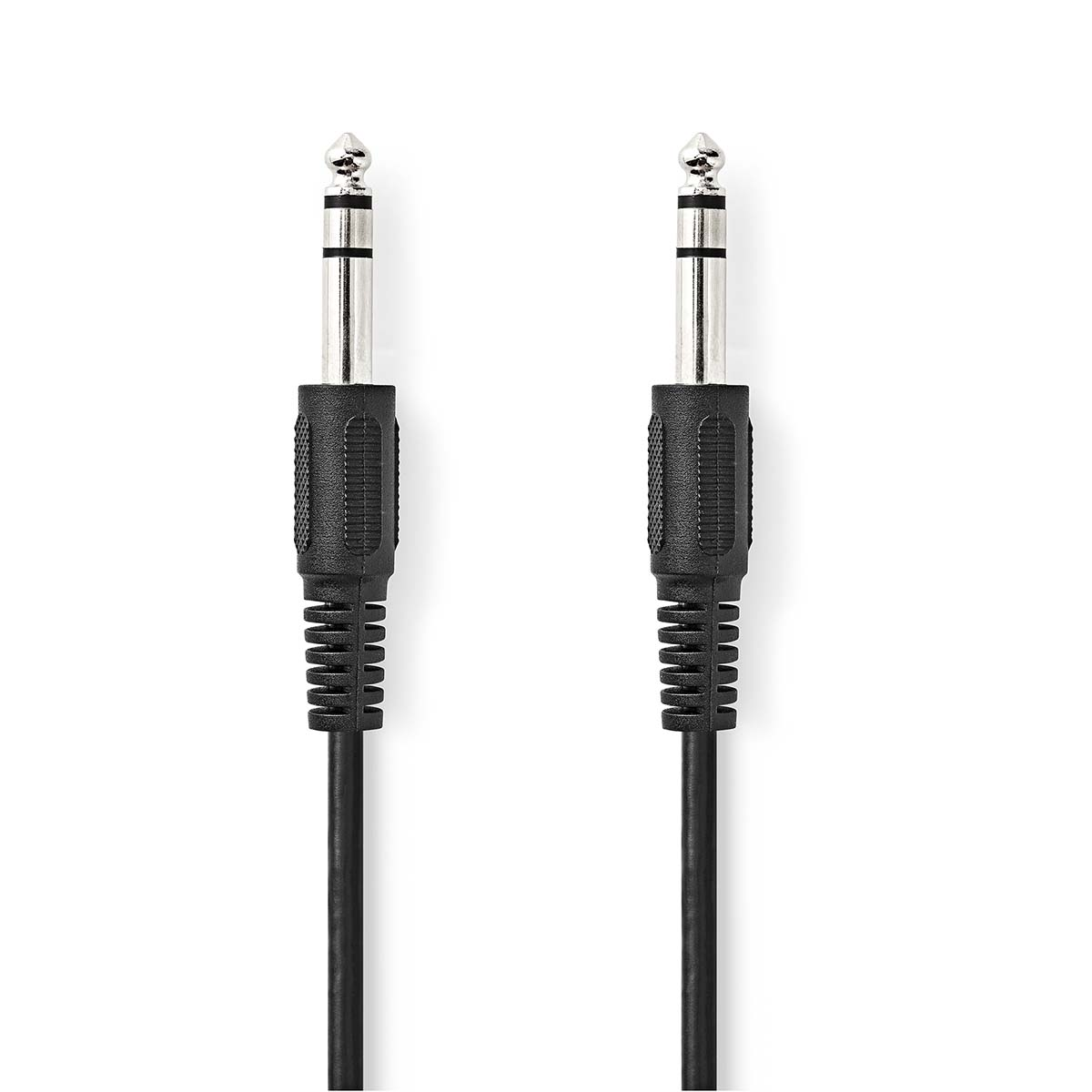 Dwa czarne i srebrne kable audio na białym tle. Gniazda są obok siebie. Kable są pionowe.