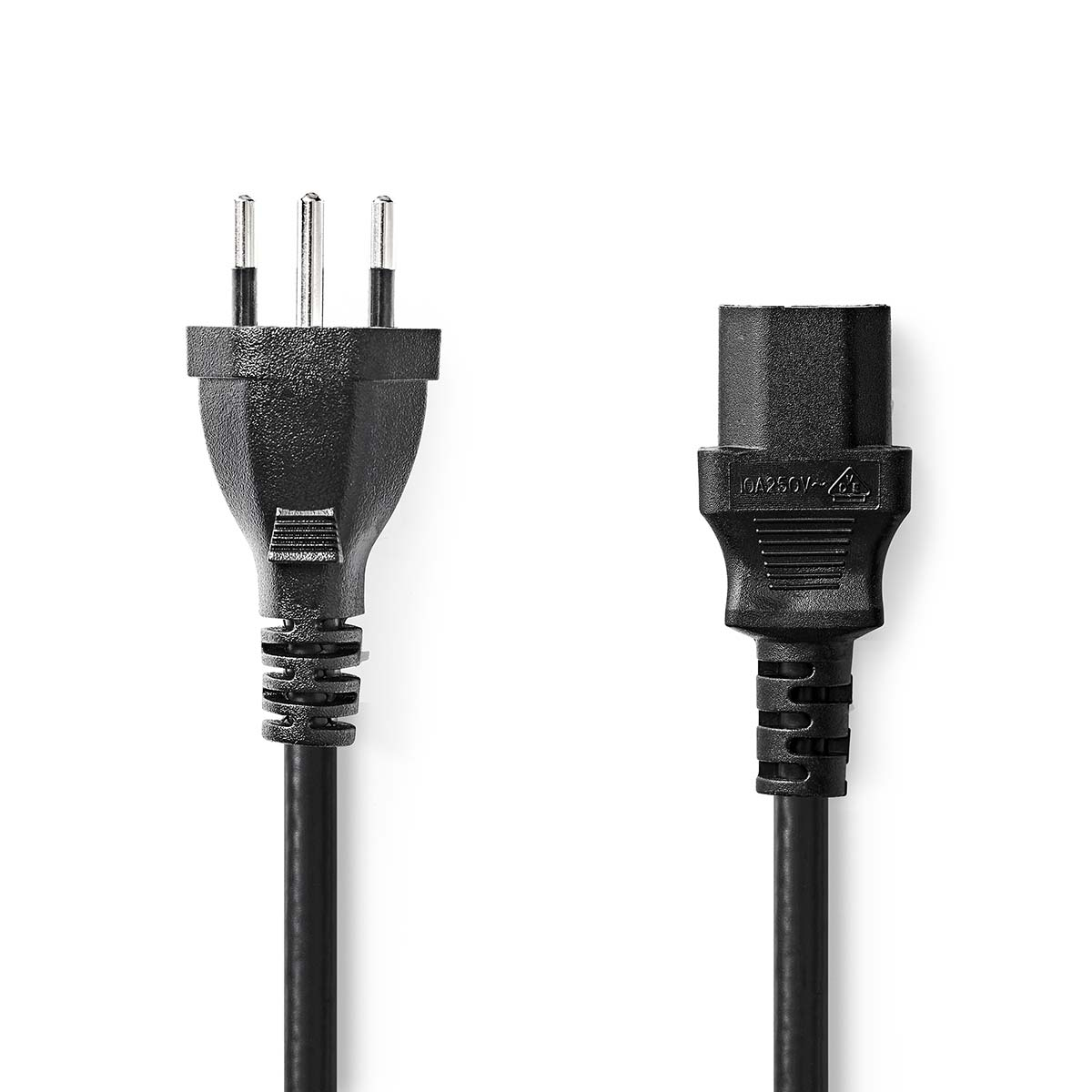 Two black power cables. One with a three-prong plug, the other with a connector. White background.