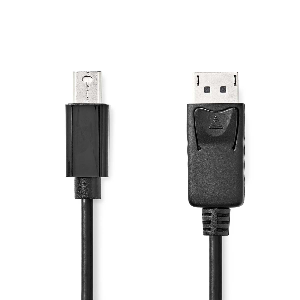 Twee zwarte kabels met connectoren op witte achtergrond. Eén heeft USB, de andere DisplayPort.