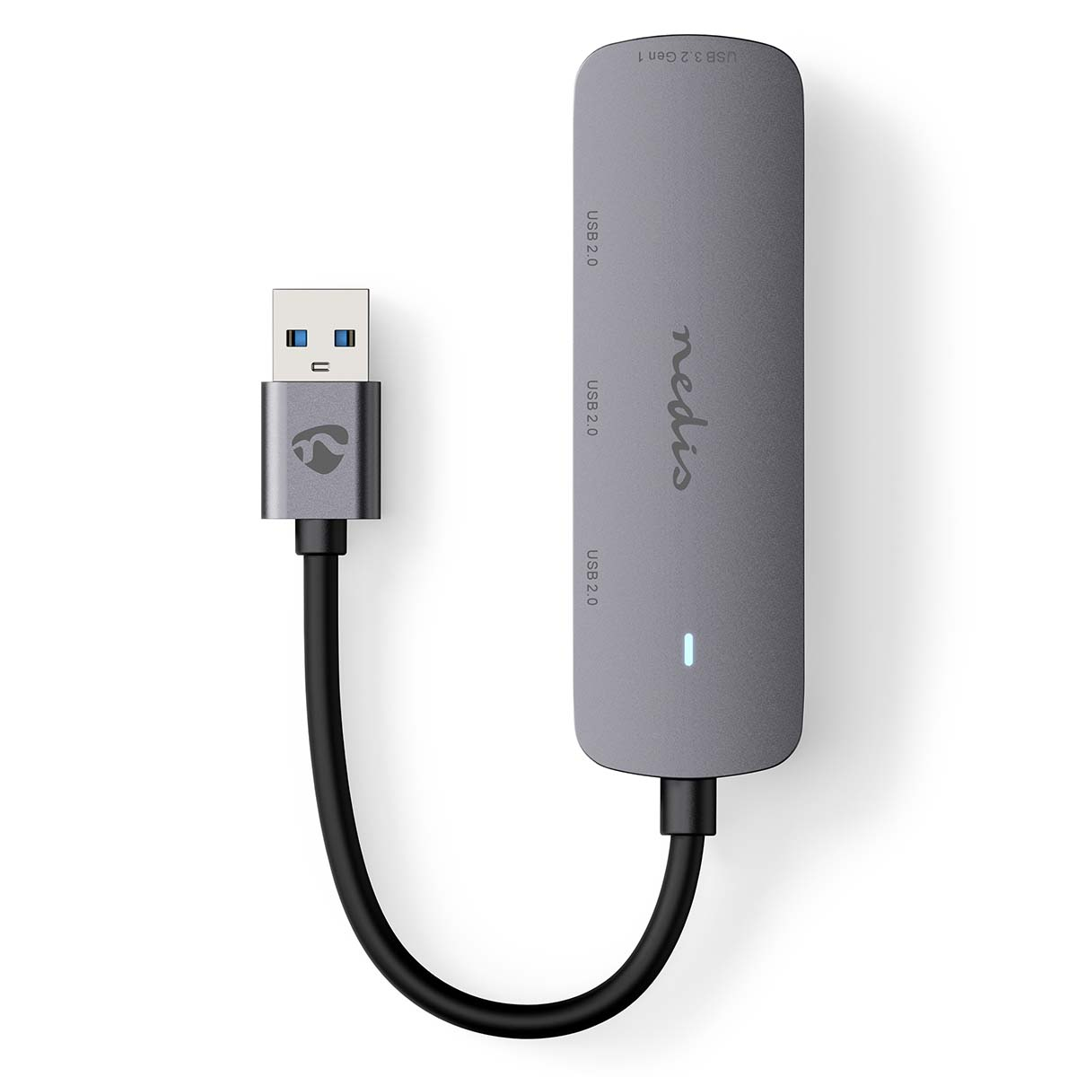 Een grijze USB-hub en een USB-kabel. De hub heeft drie USB 2.0-poorten en een USB 3.2 Gen 1-poort.
