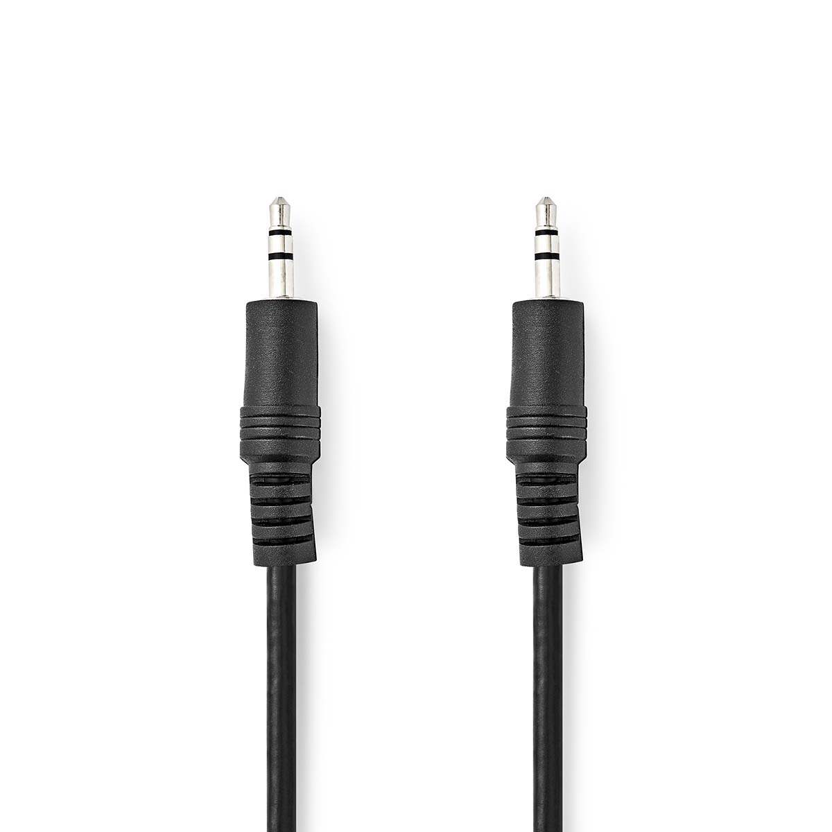 Two black audio jacks with silver tips are centered against a white background. The jacks are connected by black cords.