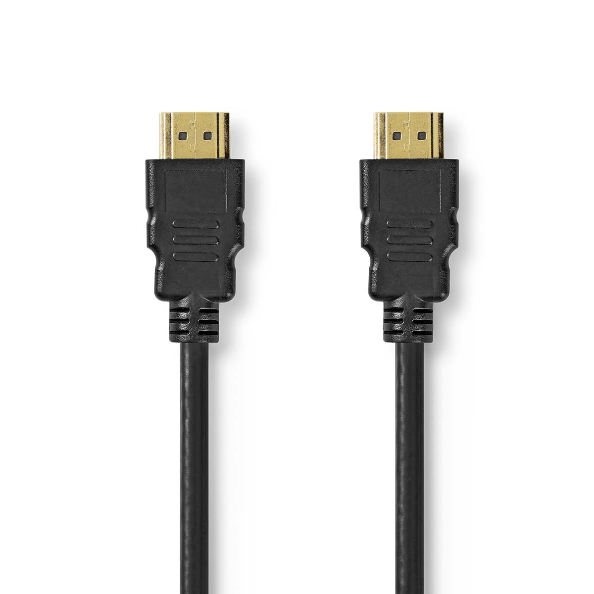 Zwei schwarze HDMI-Kabel mit goldfarbenen Steckern nebeneinander auf Weiß.