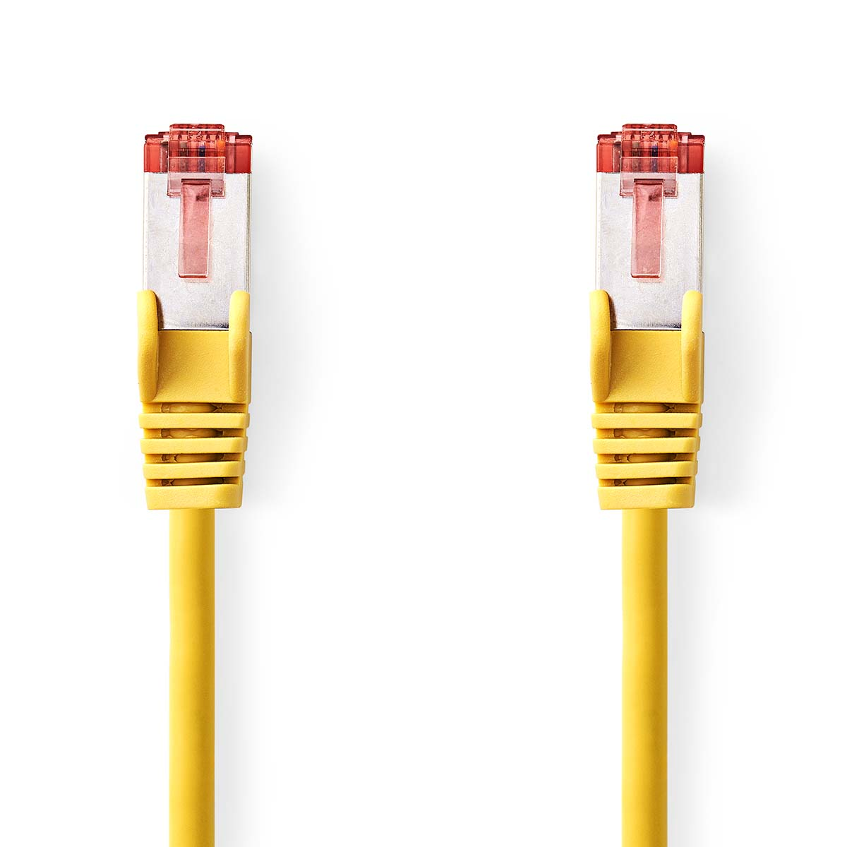 Zwei gelbe Ethernet-Kabel mit roten Steckern, isoliert auf weißem Hintergrund.