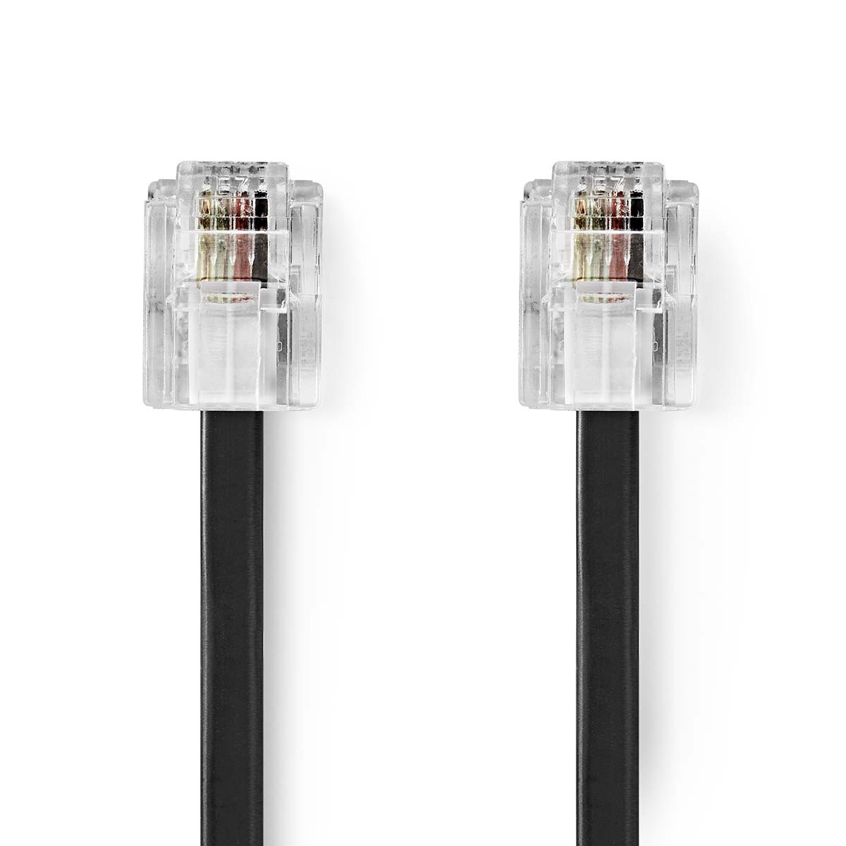 Due connettori RJ11 trasparenti con cavi neri, su sfondo bianco. I connettori mostrano i dettagli del cablaggio interno.