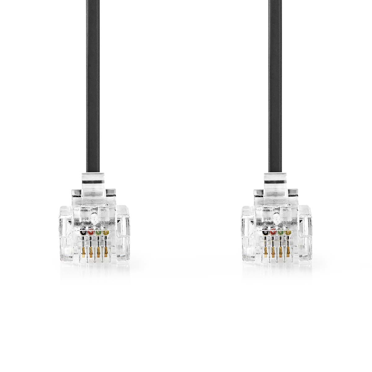 Due connettori RJ11 con cavi neri. Sfondo bianco.