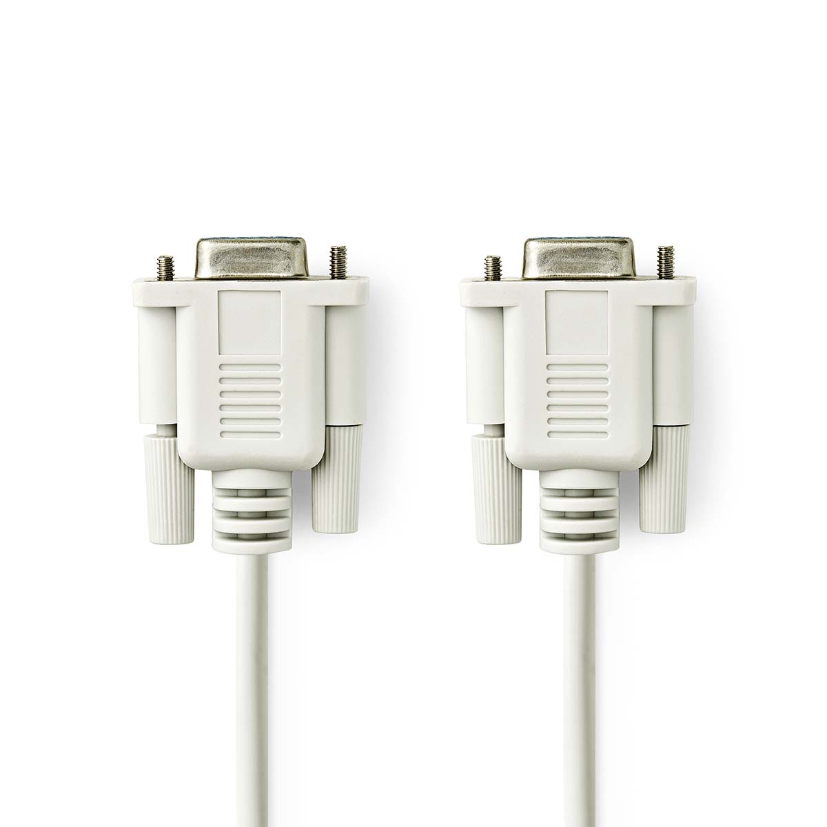 Dos cables VGA blancos. Cada cable tiene un conector blanco en el extremo con pines y sujetadores atornillados.