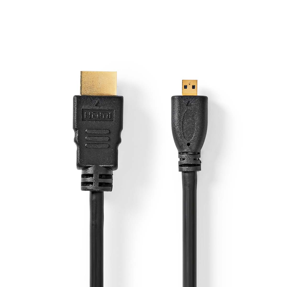Schwarzes HDMI-Kabel mit Goldsteckern neben einem schwarzen Micro-HDMI-Kabel.