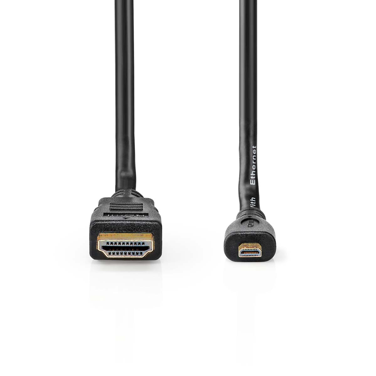 Zwei schwarze HDMI-Kabel mit unterschiedlich großen Steckern auf weißem Grund.
