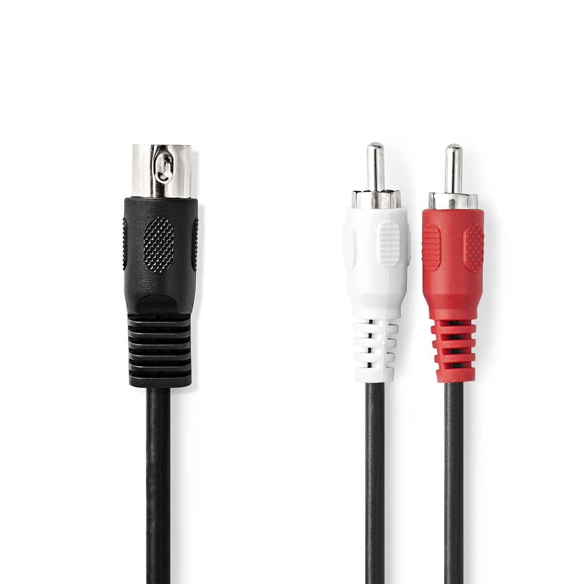 Schwarze S-Video- und Cinch-Audiokabel vor weißem Hintergrund.