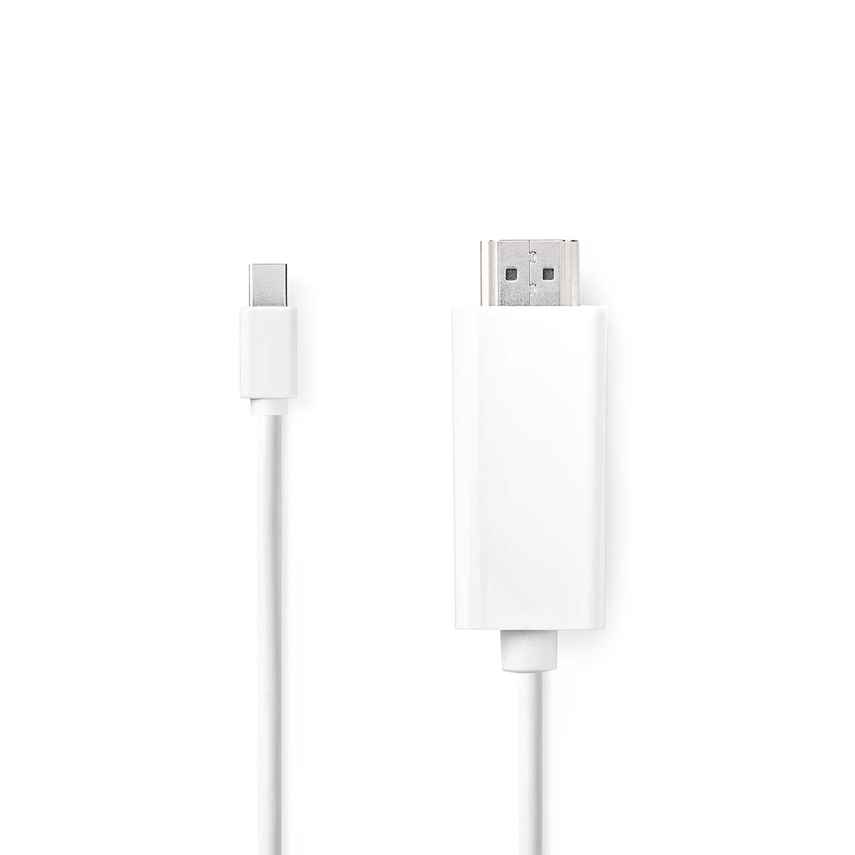 Weißes USB-C-zu-HDMI-Kabel. USB-C links und HDMI rechts. Weißer Hintergrund.