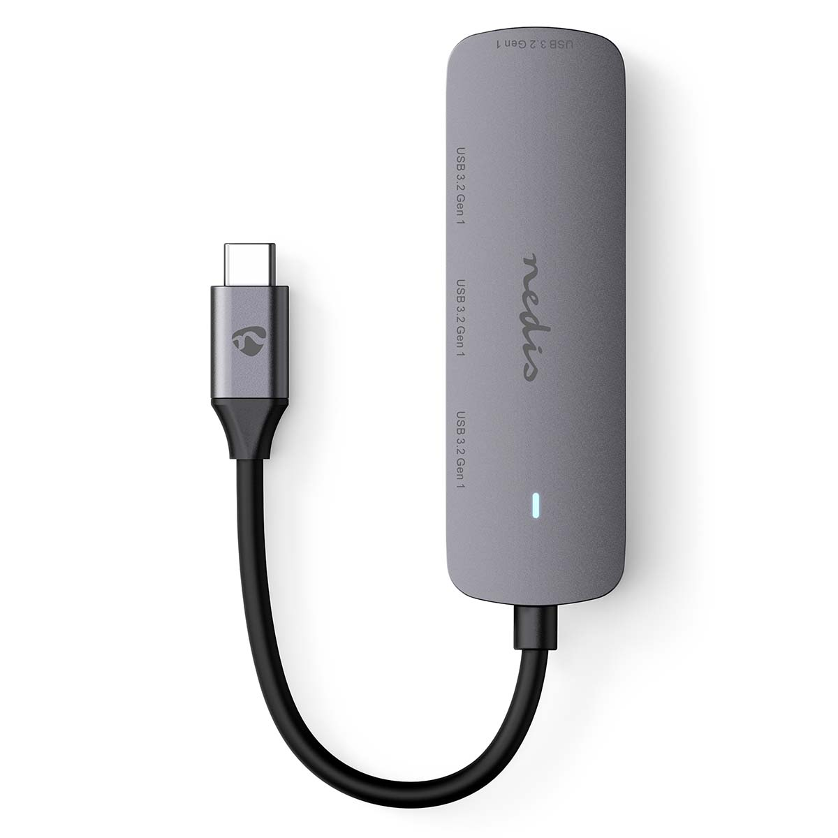 Grijze Nedis USB-C hub met meerdere USB 3.2 Gen 1 poorten en een USB-C connector.