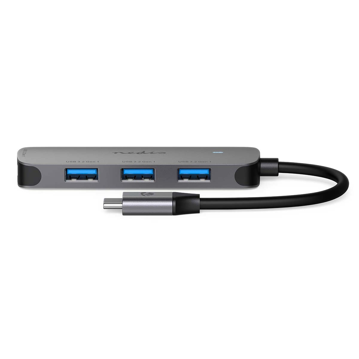 Grijze USB-hub met meerdere USB-poorten en een USB-C connector, voor data.
