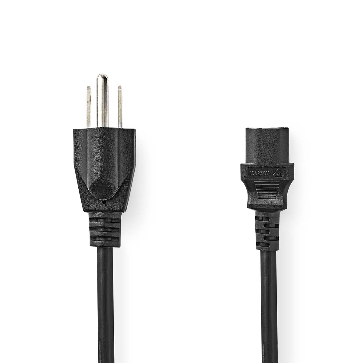 Cable de alimentación negro con extremos de enchufe y enchufe. Fondo blanco.
