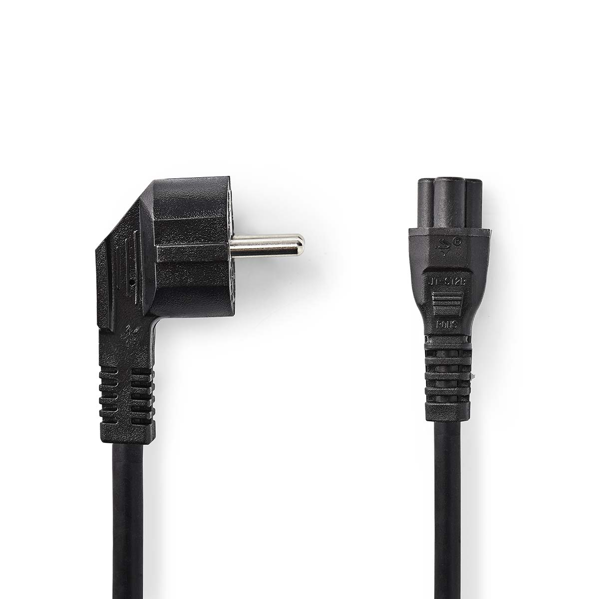 Zwarte voedingskabel met een haakse connector en een rechte connector. Witte achtergrond.