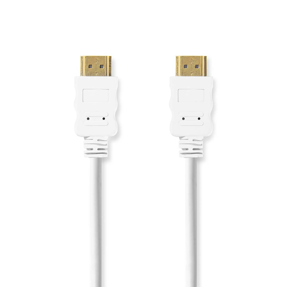 Zwei weiße HDMI-Kabel mit weißen Steckern und goldenen Spitzen, weißer Hintergrund.
