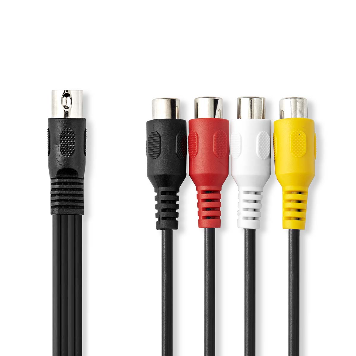 Vier AV-Kabel mit unterschiedlich farbigen Steckern (schwarz, rot, weiß, gelb) horizontal auf Weiß angeordnet.