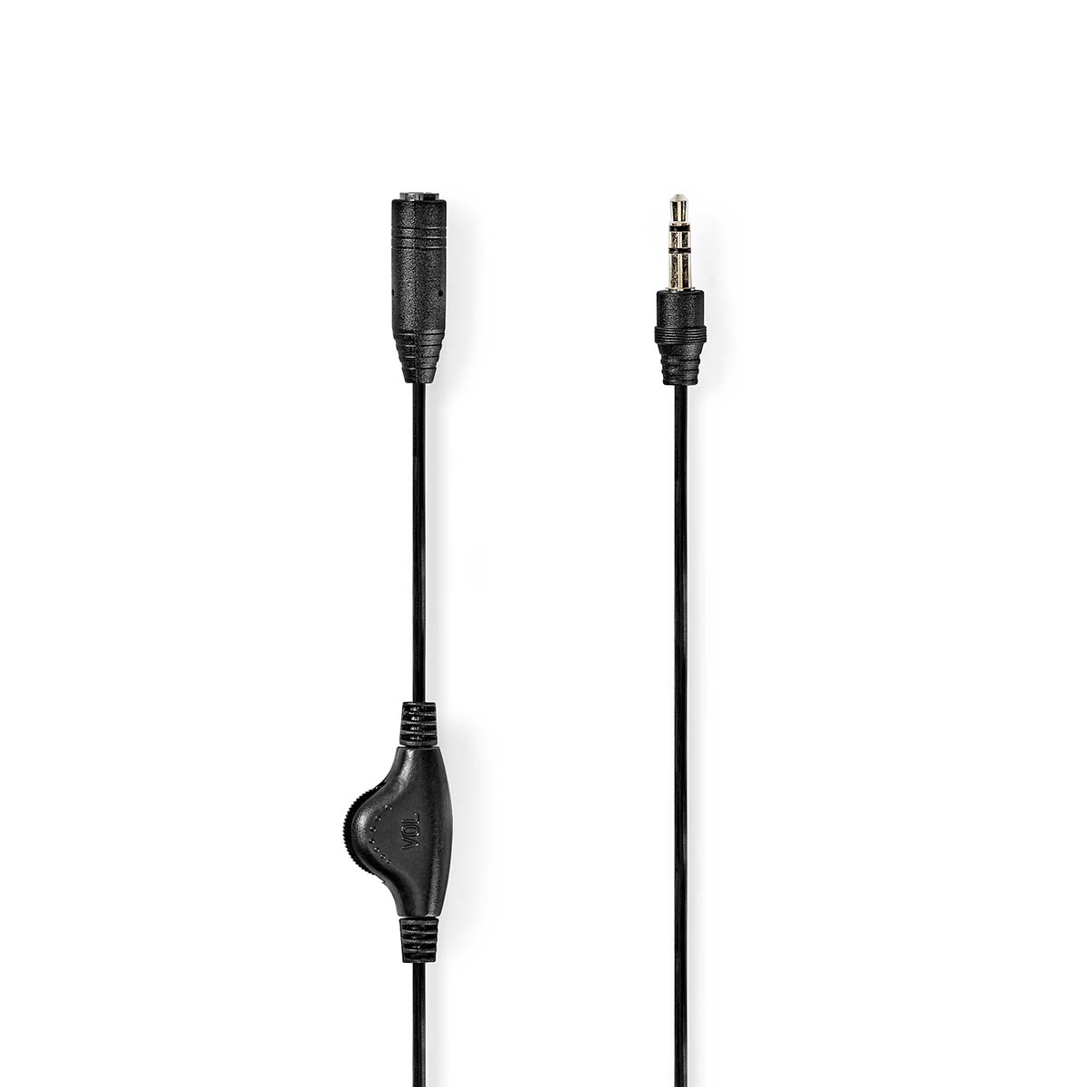 Schwarzes Audiokabel mit Lautstärkeregler und zwei Steckern, auf weißem Hintergrund.