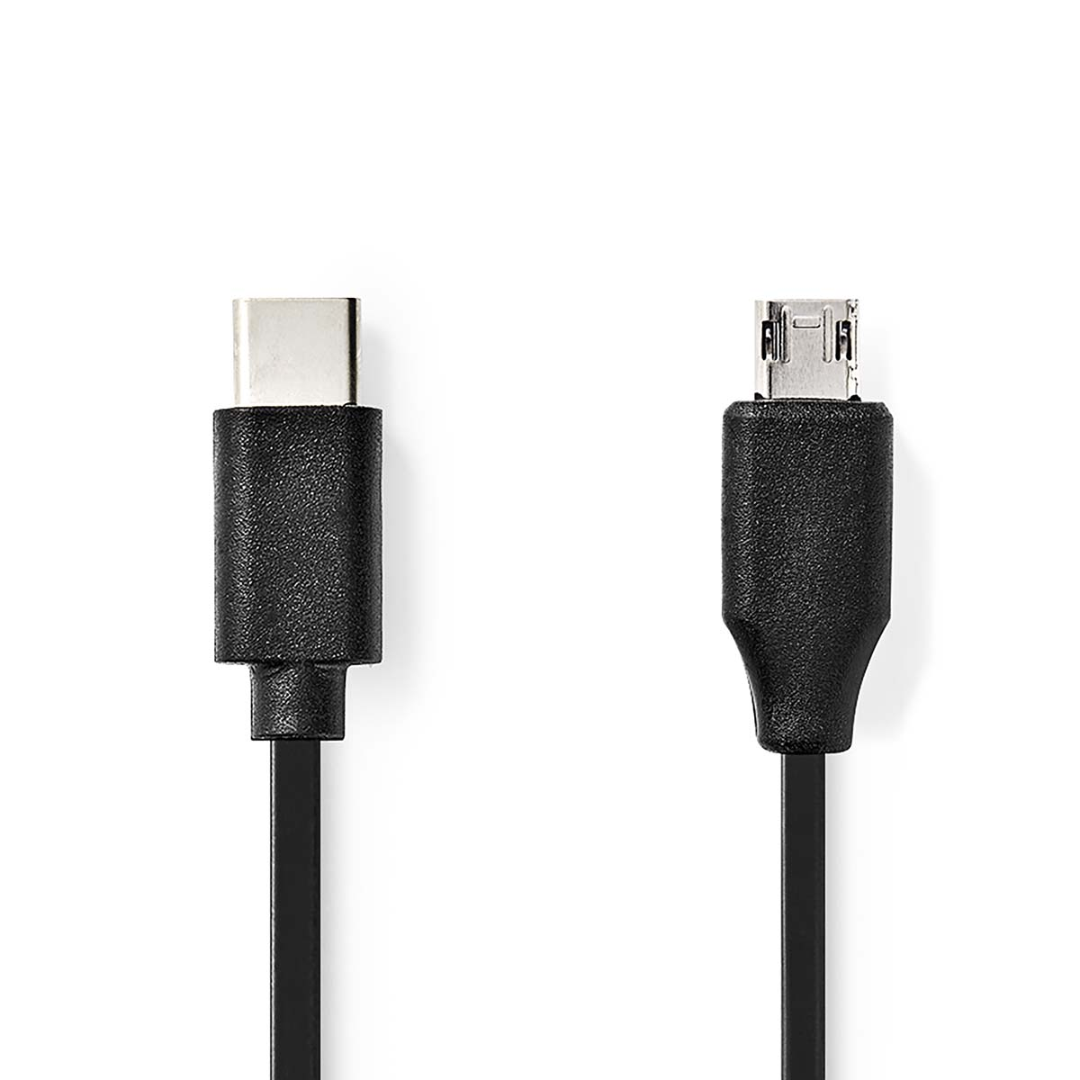 Two USB-C and micro-USB cables, black, on a white background.